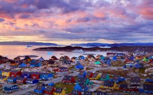 Greenland coast, colorful houses, mountains, clouds, dusk wallpaper thumb