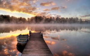 Lake, morning, fog, bridge, boat, trees, sunrise wallpaper thumb