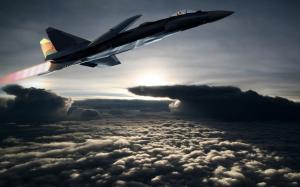 Fighter aircraft flying out of the clouds wallpaper thumb