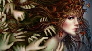 Fantasy blonde girl, hands, butterflies, hair wallpaper thumb