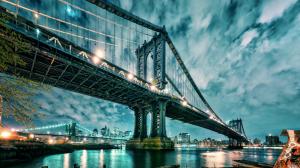 manhattan, manhattan bridge, architecture, new york, city, night, lights, water, cityscape wallpaper thumb