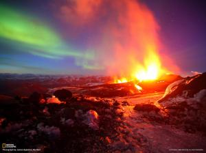 Aurora Borealis Northern Lights Volcano Fire Lava HD wallpaper thumb