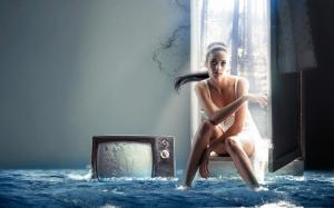 Creative design, girl, television, water in the house wallpaper thumb