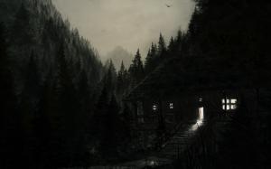 House Forest BW Black HD wallpaper thumb