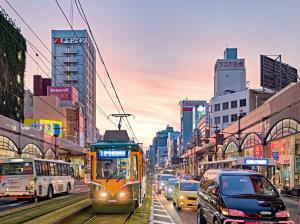 Kagoshima city, Japan, dusk, street, road, buildings, lights wallpaper thumb