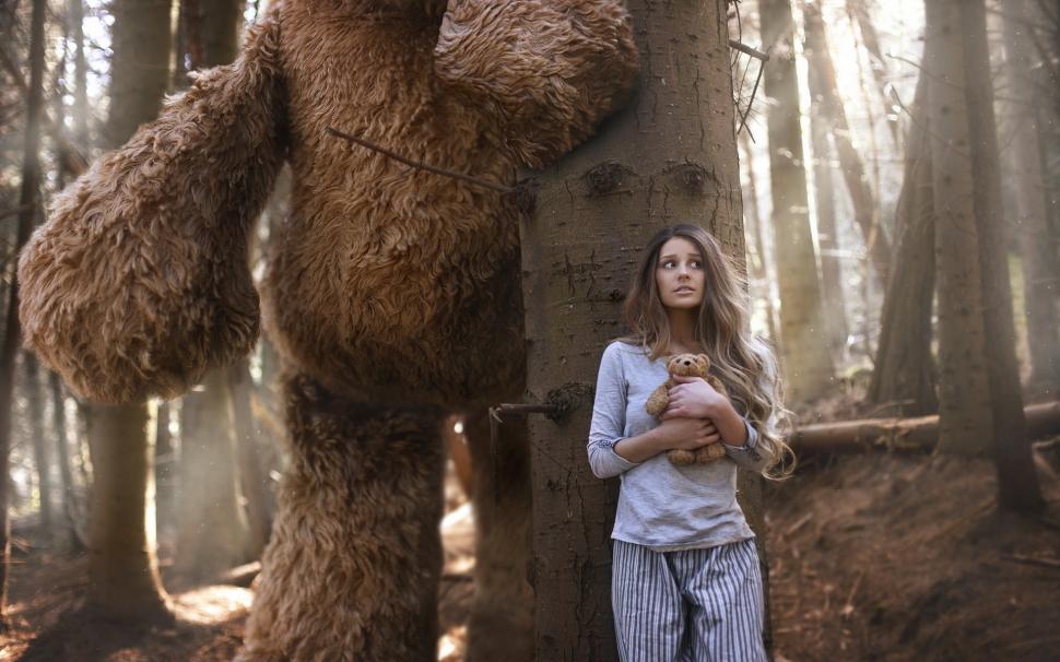 Girl in the forest, big bear, toy wallpaper,Girl HD wallpaper,Forest HD wallpaper,Big HD wallpaper,Bear HD wallpaper,Toy HD wallpaper,1920x1200 wallpaper