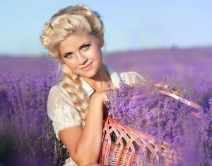 Woman, Blonde, Flowers, Lavender, Field, Basket wallpaper thumb