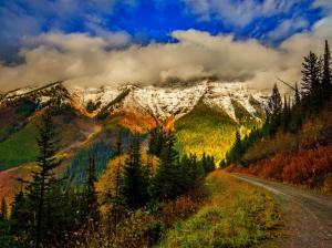 Mountains, sky, clouds, snow, forest, trees, leaves, colorful wallpaper thumb