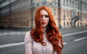 Red hair girl, wind, makeup, city, bokeh wallpaper thumb