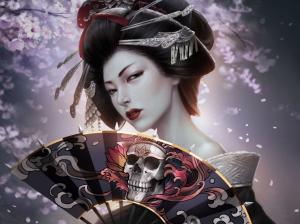 Fantasy japanese girl, geisha, kimono, paper fan, skull wallpaper thumb