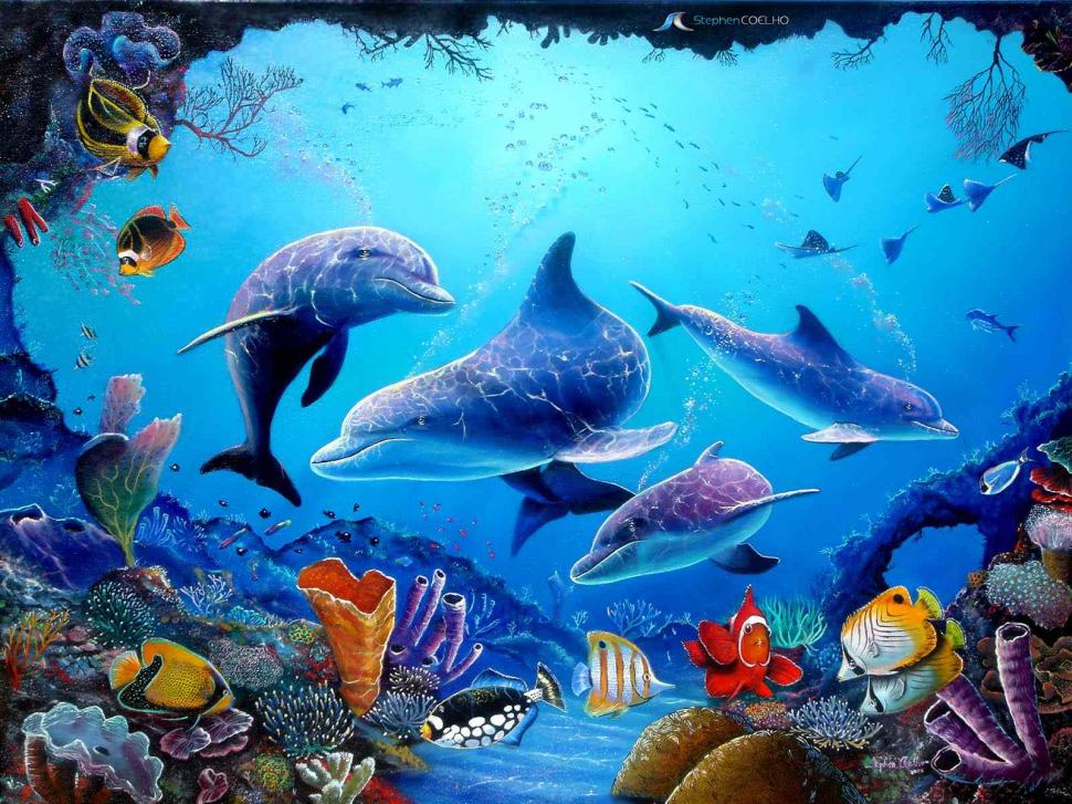 Animal, Dolphin, Fish, Sea, Seawater, Blue, Digital Art wallpaper,animal wallpaper,dolphin wallpaper,fish wallpaper,sea wallpaper,seawater wallpaper,blue wallpaper,digital art wallpaper,1600x1200 wallpaper