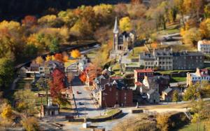Small town, autumn, houses, road, trees, tilt-shift photography wallpaper thumb