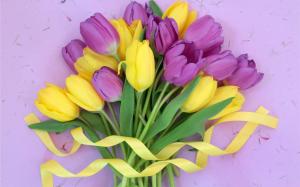 Purple yellow flowers, tulips bouquet, ribbon wallpaper thumb