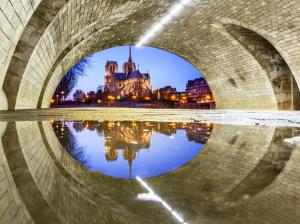 France, Paris, Notre Dame Cathedral, under the bridge, water reflection wallpaper thumb