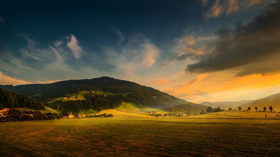 Countryside, mountain, forest, houses, farmland, sunset, clouds wallpaper,Countryside HD wallpaper,Mountain HD wallpaper,Forest HD wallpaper,Houses HD wallpaper,Farmland HD wallpaper,Sunset HD wallpaper,Clouds HD wallpaper,1920x1080 wallpaper