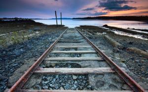 tracks to nowhere 3d Abstract art Beach end lake Railroad Tracks Sea sunset track Water ways HD wallpaper thumb