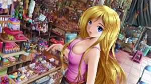 Blonde anime girl in a souvenir shop wallpaper thumb