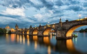 Prague, Charles Bridge, Czech Republic, river Vltava, evening, lights wallpaper thumb