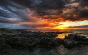 Ireland, County Donegal, sea, beach, rocks, sunset, clouds wallpaper thumb