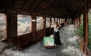 Creative pictures, girl, car, clouds, suitcase, books wallpaper thumb