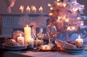 new year, christmas, holiday, table, candles, tableware, tree wallpaper thumb