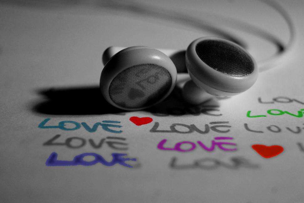 Headphones on love words wallpaper,love HD wallpaper,headphones HD wallpaper,music HD wallpaper,3872x2592 wallpaper