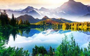 Beautiful nature landscape, mountains, trees, lake, sky, clouds, water reflection wallpaper thumb