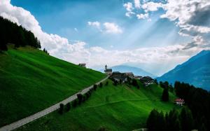 Mountains, meadows, slopes, houses, sky, clouds wallpaper thumb