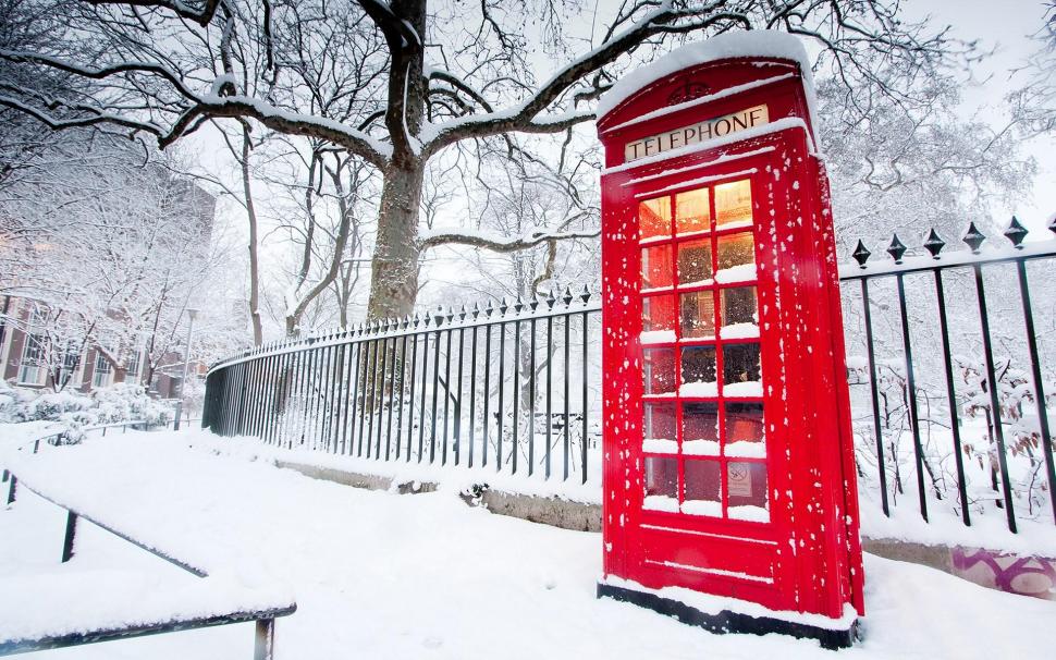 Telephone Booth Red Winter Snow Fence Tree City Awesome wallpaper,telephone HD wallpaper,booth HD wallpaper,winter HD wallpaper,snow HD wallpaper,fence HD wallpaper,tree HD wallpaper,city HD wallpaper,awesome HD wallpaper,1920x1200 wallpaper
