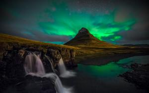 Aurora Borealis Northern Lights Night Green Stars Landscape Waterfall River Mountain HD wallpaper thumb
