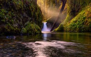 Waterfall in forest, creek, green, moss, trees, sun rays wallpaper thumb