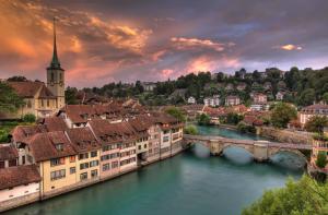Switzerland, City, Landscape, Houses, Trees, Buildings, Bridge, Lake ,Sunset, Clouds, Photography wallpaper thumb