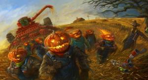 halloween, holiday, field, grain, people, pumpkin, running wallpaper thumb