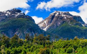 Landscape, Nature, Chile, Summer, Mountain, Forest, Clouds, Patagonia, Snowy Peak, Trees, Green wallpaper thumb