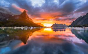 Landscape, Sunset, Sky, Norway, Summer, Fjord, Village, Mountain, Island, Sea wallpaper thumb