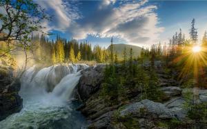 Waterfall, Sunset, River, Forest, Nature, Landscape, Sun Rays, Mist, Hill, Rock, Pine Trees wallpaper thumb