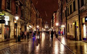 Poland, Krakow, city street, people, shops, lights, night wallpaper thumb