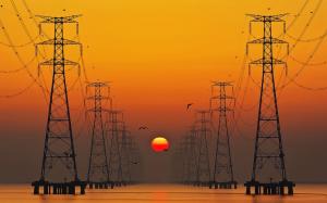 Sunrise, Lake, Birds, Power Lines, Flying, Orange, Electricity wallpaper thumb