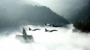 Fighter Planes Over German Castle In Fog wallpaper thumb