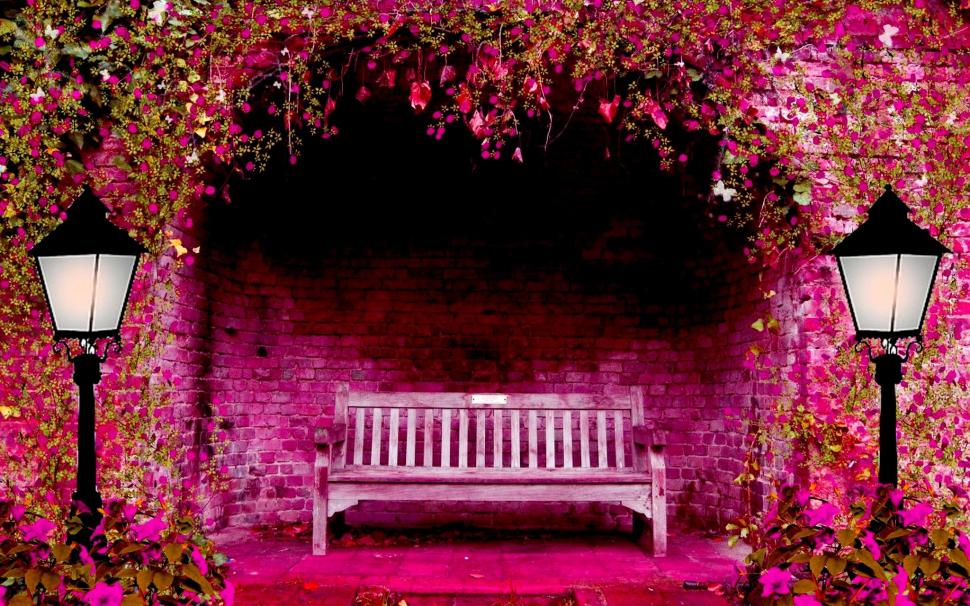 Pink Spring Garden wallpaper,lights HD wallpaper,bench HD wallpaper,spring garden HD wallpaper,pink HD wallpaper,arch HD wallpaper,flowers HD wallpaper,3d & abstract HD wallpaper,2048x1280 wallpaper