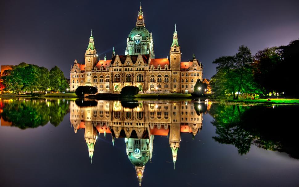 Hannover, Germany, night, house, lights, water reflection wallpaper,Hannover HD wallpaper,Germany HD wallpaper,Night HD wallpaper,House HD wallpaper,Lights HD wallpaper,Water HD wallpaper,Reflection HD wallpaper,2880x1800 wallpaper