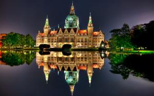 Hannover, Germany, night, house, lights, water reflection wallpaper thumb