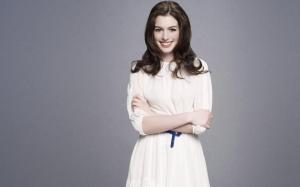 Anne Hathaway, White Dress, Smile, Face wallpaper thumb