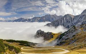 Alps, mountains, road, trees, sky, clouds, fog, Bavaria, Germany wallpaper thumb