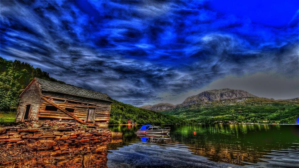 Amazing Lakescape Hdr wallpaper,mountain HD wallpaper,lake HD wallpaper,boat HD wallpaper,clouds HD wallpaper,boathouse HD wallpaper,nature & landscapes HD wallpaper,1920x1080 wallpaper