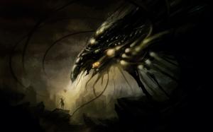 Alien, Monster, Man, Fantasy, Digital Art, Dragon, Dark Background wallpaper thumb