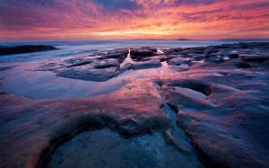 Sunset sea coast, red sky, rocks wallpaper thumb