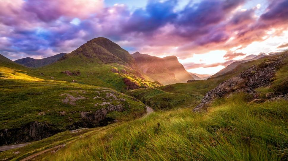 Scotland, Highland Valley, mountain, road, clouds, sky, sunset wallpaper,Scotland HD wallpaper,Highland HD wallpaper,Valley HD wallpaper,Mountain HD wallpaper,Road HD wallpaper,Clouds HD wallpaper,Sky HD wallpaper,Sunset HD wallpaper,1920x1080 wallpaper