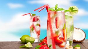 Cold drinks, cocktails, mojito, fruits, strawberry, lemon, coconut, summer wallpaper thumb