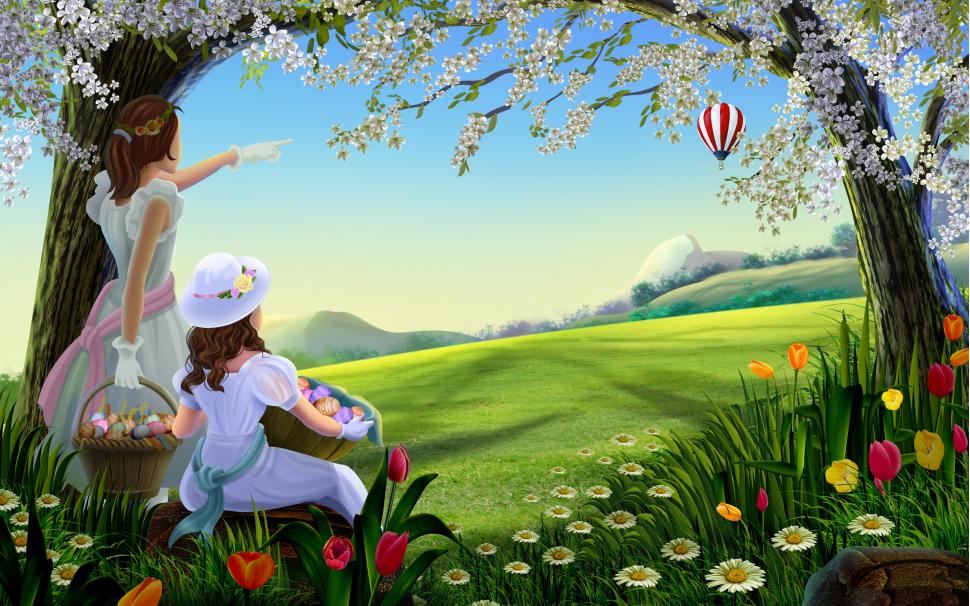 Amazing Spring Painting wallpaper,landscape HD wallpaper,balloon HD wallpaper,blue sky HD wallpaper,tulips HD wallpaper,2880x1800 wallpaper